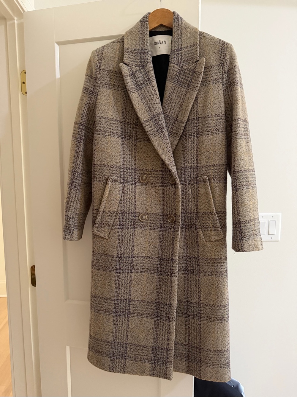 ba&sh Beige Plaid Double-Breasted Coat with Purple Windowpane